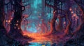 Dark mysterious forest with a magical water and a portal to another world. Night fantasy forest.