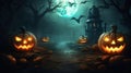 dark mysterious halloween landscape with jack o lantern pumpkins and bats flying under a full moon Royalty Free Stock Photo