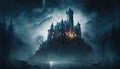 Dark and mysterious haunted castle on a rocky island on a misty night. Old fortress. Generative AI Royalty Free Stock Photo