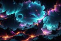 A dark and mysterious space background with glowing neon fractals that create a contrast and a sense of depth