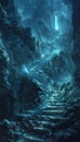 A dark and mysterious underwater cavern with a glowing blue light in the distance Royalty Free Stock Photo