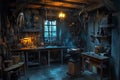 Dark and Mysterious Workshop with Tools and Ambient Lighting Royalty Free Stock Photo