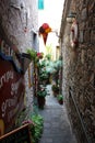 A dark and narrow alley in the ancient town of Corniglia in Cinqueterre, Italy