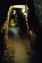 Dark, narrow corridor into the mine with several lights
