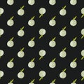 Dark nature organic food seamless pattern with little apple silhouettes. Black background