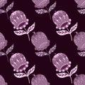 Dark nature seamless ethno pattern with hand drawn folk flower bud shapes. Purple and maroon palette Royalty Free Stock Photo