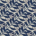 Dark navy blue foliage ornament seamless pattern. Grey background. Vintage tropical backdrop Royalty Free Stock Photo