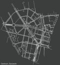 Dark negative street roads map of the Centrum Center neighborhood of Szczecin, Poland