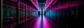 Dark with Neon Blue, Pink Lights server room data center storage. Modern Telecommunications, Supercomputer Technology
