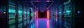 Dark with Neon Blue, Pink Lights server room data center storage. Modern Telecommunications, Supercomputer Technology