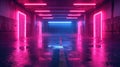 Dark neon garage background, perspective of empty modern hallway. Futuristic design of grungy hall with led purple and blue