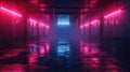 Dark neon garage background, perspective of futuristic empty hallway or room. Design of grungy hall with led red and blue lighting Royalty Free Stock Photo