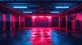 Dark neon parking background, perspective of empty modern garage. Futuristic design of underground hall with led red and blue Royalty Free Stock Photo