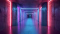 Dark neon tunnel, inside modern room or hall, underground concrete garage with red and blue led light. Concept of background, Royalty Free Stock Photo