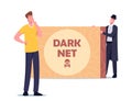 Dark Net Cyberspace Activity Concept. Criminal in Black Cloak and Hat Offer Forbidden Content to User Cyber Crime