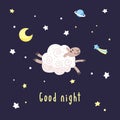 Dark night background with cartoon sheep, moon, stars and comet. Vector illustration with cute lamb and text Good night