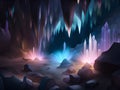 dark night cave with rocks, stones, glowing lights, magic and fantasy, AI generated Royalty Free Stock Photo