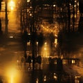 Dark night in the city with distorted figuration and luminous water (tiled