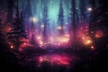 Dark Night fairytale fantasy forest landscape with magical glows Abstract forest, magic fantasy night lights neon Royalty Free Stock Photo