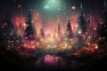 Dark Night fairytale fantasy forest landscape with magical glows Abstract forest, magic fantasy night lights neon Royalty Free Stock Photo