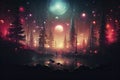 Dark Night fairytale fantasy forest landscape with magical glows Abstract forest, magic fantasy night lights neon Royalty Free Stock Photo