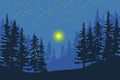 Dark night forest. Moonlit night sky over the forest. Woodland landscape. Vector illustration Royalty Free Stock Photo