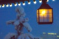 Dark night. Lantern Porch Light. Christmas decorations.