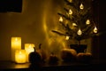 Dark night magic scene with candles, pumpkins and halloween tree. Home decor. Royalty Free Stock Photo