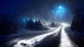 Dark night road winter forest Royalty Free Stock Photo