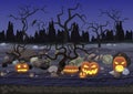 Dark night scary horror halloween background with pumpkin and trees. Royalty Free Stock Photo