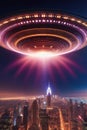 Dark night sky with UFO illuminating the city with its light Royalty Free Stock Photo