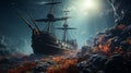 Dark Ocean Pirate Ship: Vray Tracing And Elaborate Landscapes