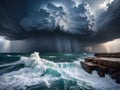 dark ocean storm with lgihting and waves at night Royalty Free Stock Photo