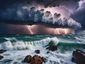 dark ocean storm with lgihting and waves at night Royalty Free Stock Photo