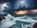 dark ocean storm with lgihting and waves at night Royalty Free Stock Photo