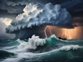 dark ocean storm with lgihting and waves at night Royalty Free Stock Photo