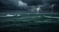 Dark Ocean Storm with Lightning and Turbulent Waves Royalty Free Stock Photo