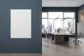 Dark office business room interior with table and computers. Mockup frame