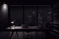 Dark office interior with city view. Night scene. 3D Rendering. Generative AI