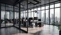 Dark office interior with coworking and conference