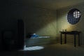 Dark Old Prison Cell Interior for One Person with Bed, Table, Toilet. 3d Rendering