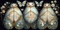 Dark ornate background with fantastic whimsical creatures like moths or night butterflies, intricate surreal pattern in neutral
