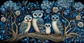 Dark ornate background with fantastic whimsical owls family, intricate surreal pattern in neutral tones, fantasy illustration, Royalty Free Stock Photo