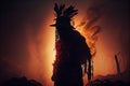 Dark pagan shaman fantasy sunset silhouette. Unrecognizable silhouette of shaman in hoods enlightened