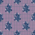 Dark pale seamless naive pattern with branches elements. Design in purple tones. Background with check