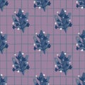 Dark pale seamless naive pattern with branches elements. Design in purple tones. Background with check