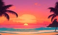 Dark palm trees silhouettes on colorful tropical ocean sunset background illustration. Sunset, sea beach and sun, ocean sunrise, Royalty Free Stock Photo