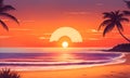 Dark palm trees silhouettes on colorful tropical ocean sunset background illustration. Sunset, sea beach and sun, ocean sunrise, Royalty Free Stock Photo