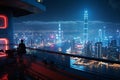 Dark Panorama of Modern City with Tall Skyscrapers with Neon Colors