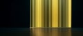 Dark panoramic interior with golden light blinds wall and mock up place on black space. Presentation concept.